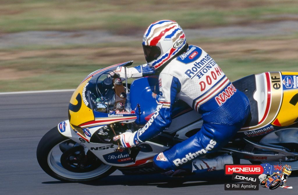Mick Doohan on the Honda NSR500 at Eastern Creek during the 1992 Australian Grand Prix.